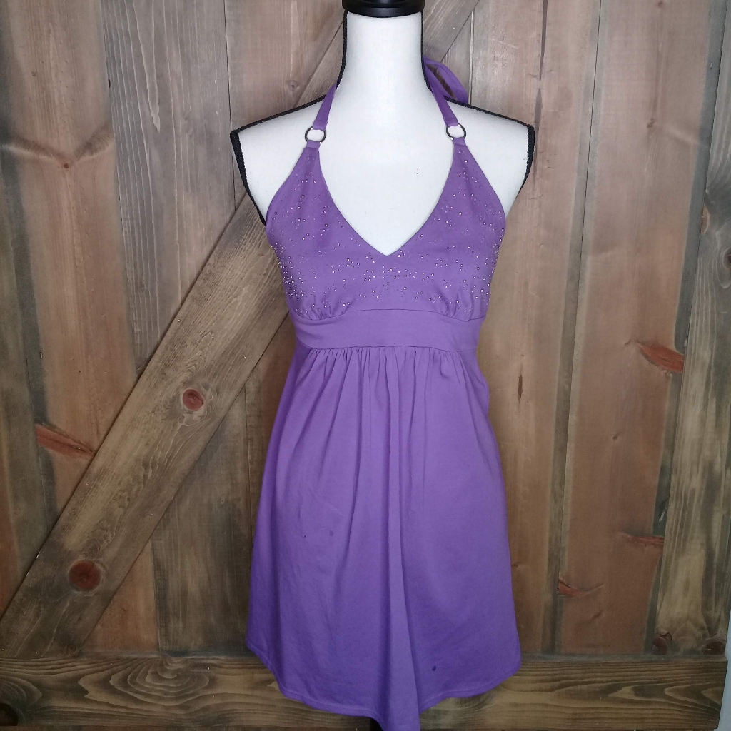 Vs Bra Tops Purple Embellished Bling V-Neck Halter Empire Waist Dress Sz Xsmall